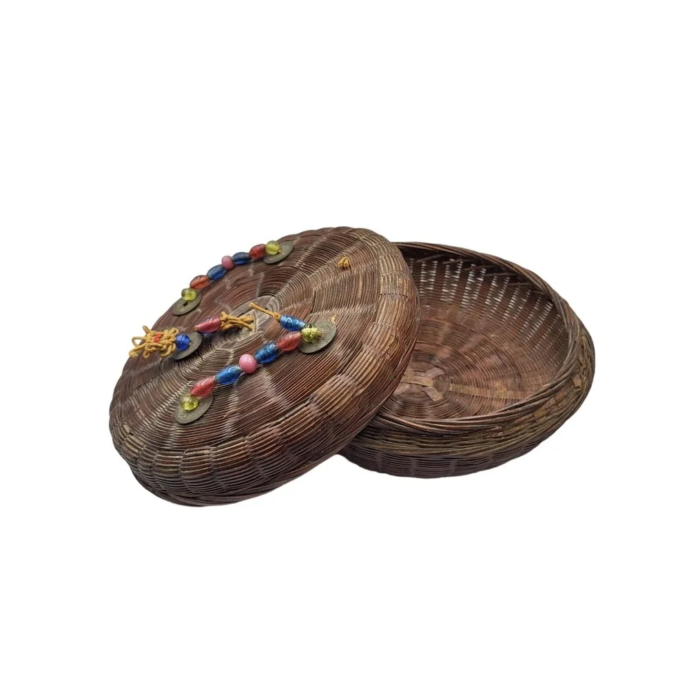 Antique Asian Wicker Rattan Pine Needle Sewing Basket Glass Beads Coins Vintage